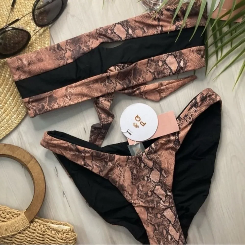 PQ Swim Bikini SET Colorblock Cobra Snake Black Brown Reversible NWT Sz S